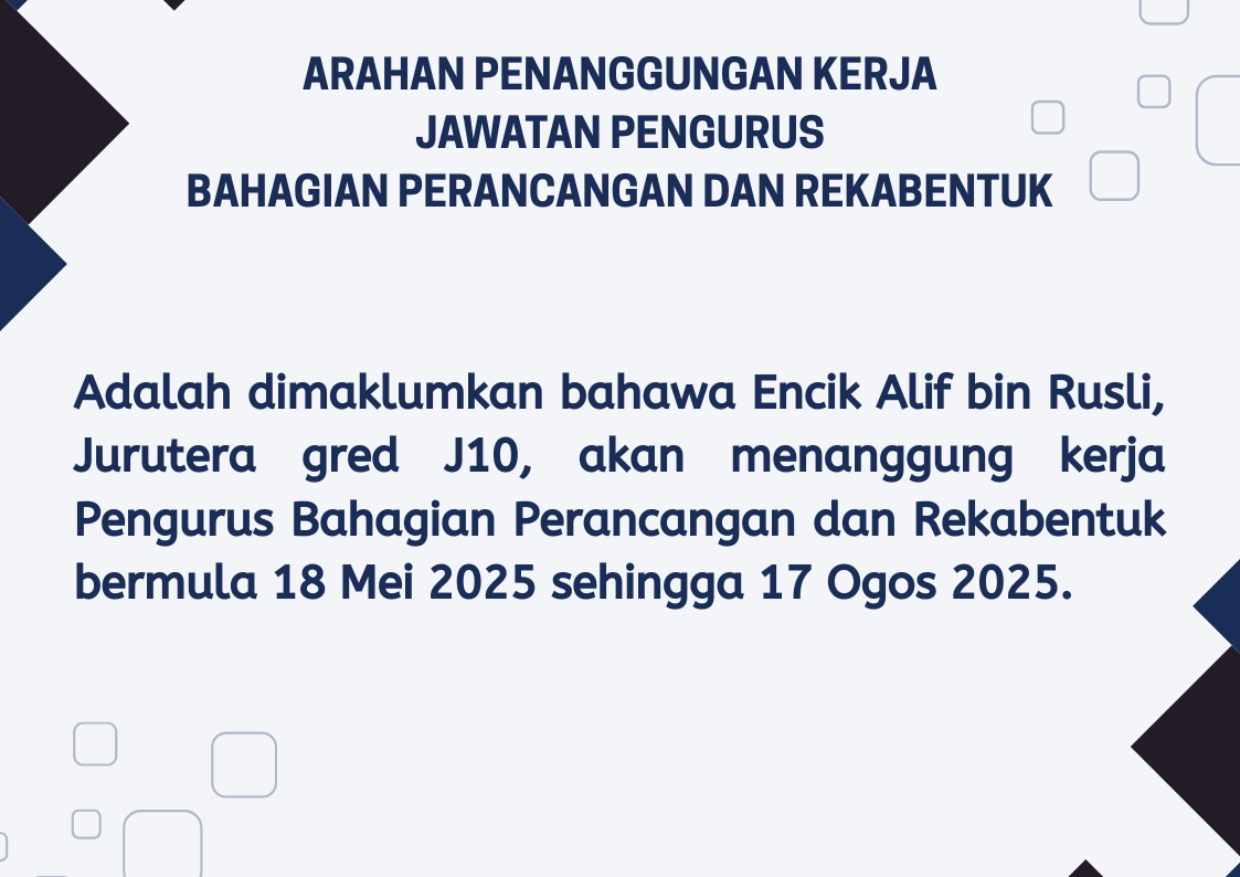 Dimaklumkan bahawa bagi mana mana warga kerja yang belum membuat scan muka untuk penetapan Sistem Kehaditran Baharu hendaklah ke Tingkat 10 Bahagian Teknologi Maklumat. Sila berhubung dengan Enci